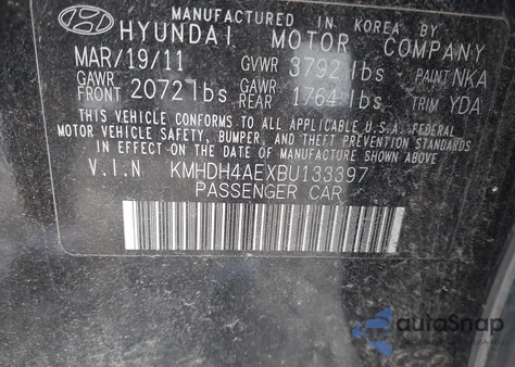 2011 Hyundai Elantra Limited (Ulsan Plant) from USA, damaged, VIN KMHDH4AEXBU133397